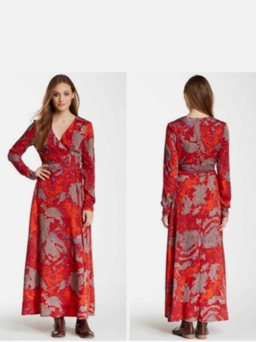 W118 by Walter Baker Red & Gray Floral Wrap Maxi Dress